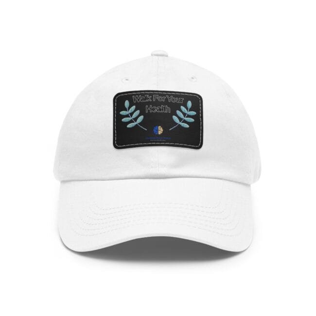 White baseball cap with a black patch reading 'Walk For Your Health' and teal leaf embellishments on the front.