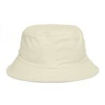 Close-up of a white bucket hat brim and crown from the back, showing stitch detail and fabric texture