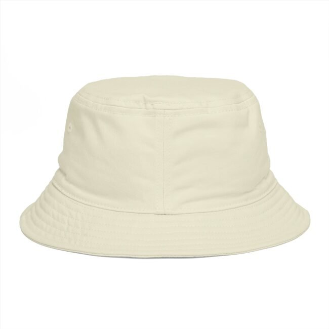 Close-up of a white bucket hat brim and crown from the back, showing stitch detail and fabric texture