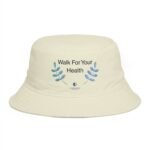Beige bucket hat with blue leafy design and the text 'Walk For Your Health' on the front.
