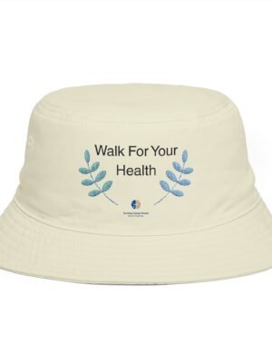 11745204221121696009_2048jpeg Beige bucket hat with blue leafy design and the text 'Walk For Your Health' on the front.