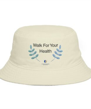 Beige bucket hat with blue leafy design and the text 'Walk For Your Health' on the front.