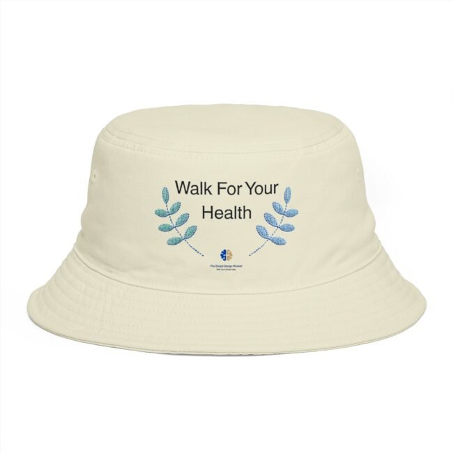 Beige bucket hat with blue leafy design and the text 'Walk For Your Health' on the front.