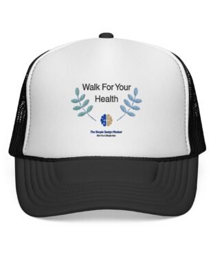 Front view of a white backpack with black sides, featuring a leafy blue graphic and the text 'Walk For Your Health' on the front panel.