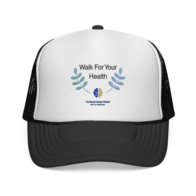 Front view of a white backpack with black sides, featuring a leafy blue graphic and the text 'Walk For Your Health' on the front panel.