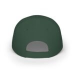Top view of a dark green baseball cap, showing crown panels and center button on a white background.