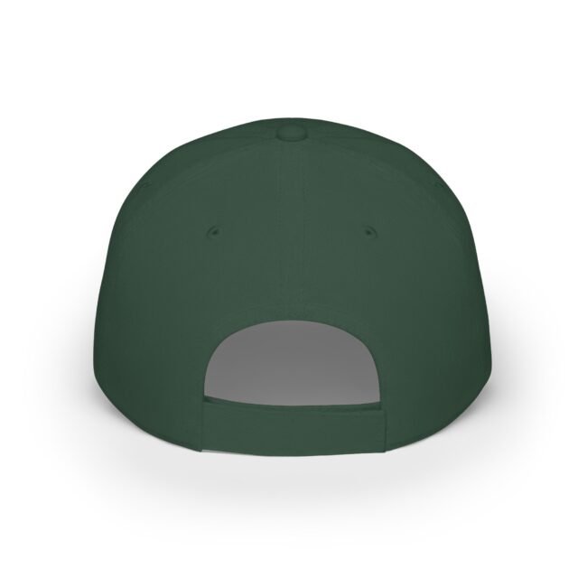 Top view of a dark green baseball cap, showing crown panels and center button on a white background.