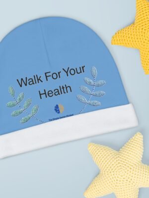 14308592890876874107_2048jpeg Blue circular booklet cover showing the words 'Walk For Your Health' with leaf illustrations, beside a yellow knitted star on a light blue background.