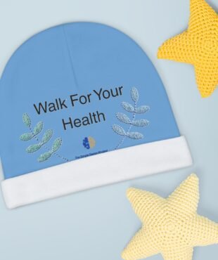 Blue circular booklet cover showing the words 'Walk For Your Health' with leaf illustrations, beside a yellow knitted star on a light blue background.