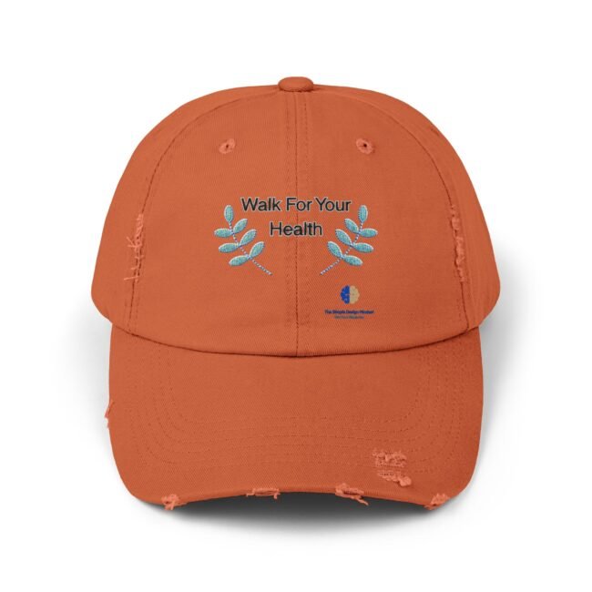 Orange baseball cap with embroidered text reading 'Walk For Your Health' and blue leafy design on the front.