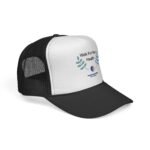 Trucker cap with black mesh back and white front panel featuring a health-themed logo and leafy design.