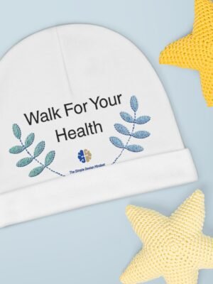14698630550423608020_2048jpeg Close-up of a white circular banner that reads 'Walk For Your Health' with blue leaf graphics on a pale blue background; a yellow knitted star is in the corner.