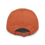 Orange baseball cap viewed from above, showing the crown, stitching, and adjustable back strap with a metal buckle