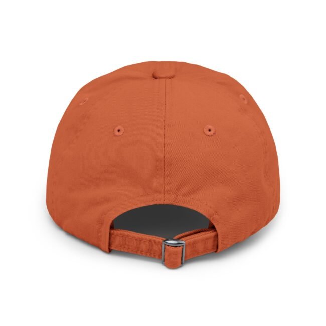 Orange baseball cap viewed from above, showing the crown, stitching, and adjustable back strap with a metal buckle