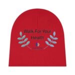 Close-up of a red circular poster with the text 'Walk For Your Health' and blue leafy illustrations.