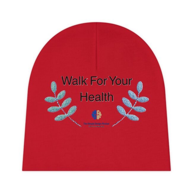 Close-up of a red circular poster with the text 'Walk For Your Health' and blue leafy illustrations.