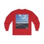Red sweatshirt with a poster showing a blue sky, clouds, and mountains and the text 'Walk For Your Health'.