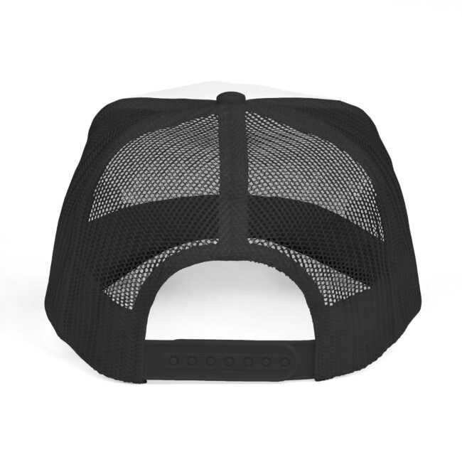 Front view of a black mesh trucker hat with an adjustable snapback closure