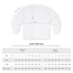 White long-sleeve shirt with an overlaid size chart showing width, length, and sleeve length measurements in inches and centimeters for multiple sizes (XS-5XL).