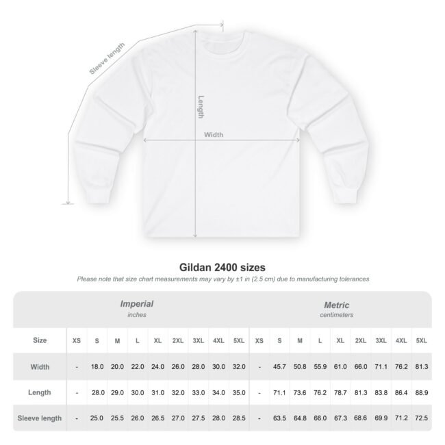White long-sleeve shirt with an overlaid size chart showing width, length, and sleeve length measurements in inches and centimeters for multiple sizes (XS-5XL).