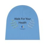 Partial view of a blue circular poster reading 'Walk For Your Health' with leafy vine illustrations along the edge.