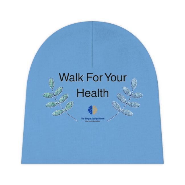 Partial view of a blue circular poster reading 'Walk For Your Health' with leafy vine illustrations along the edge.