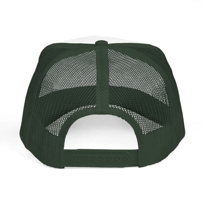 Top-down view of a dark green mesh baseball cap with an adjustable back strap.