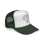 Trucker cap with a white front panel and dark green mesh back; text on front reads 'Walk For Your Health' with decorative leaves.