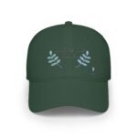 Green baseball cap with embroidered slogan 'Walk For Your Health' and decorative blue leaves on the front panel.
