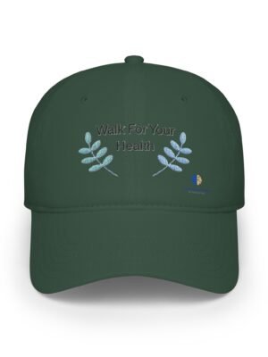 18025125210404694164_2048jpeg Green baseball cap with embroidered slogan 'Walk For Your Health' and decorative blue leaves on the front panel.