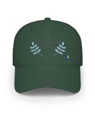 Green baseball cap with embroidered slogan 'Walk For Your Health' and decorative blue leaves on the front panel.