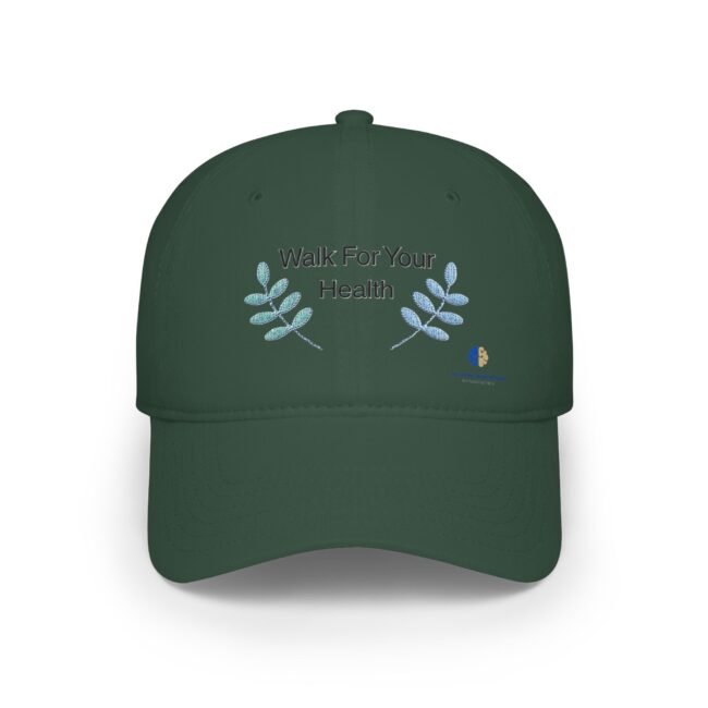 Green baseball cap with embroidered slogan 'Walk For Your Health' and decorative blue leaves on the front panel.