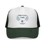 Backpack front panel with text 'Walk For Your Health' and blue leafy graphics, viewed from above top of bag pin against white background