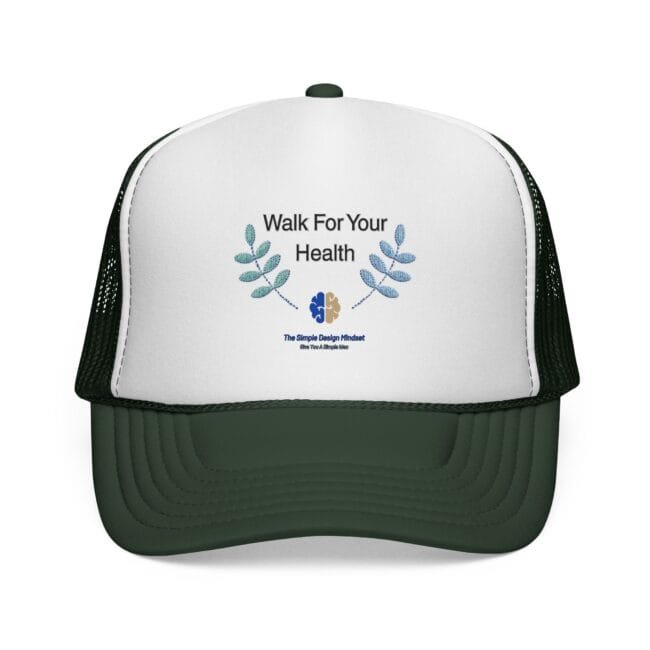 Backpack front panel with text 'Walk For Your Health' and blue leafy graphics, viewed from above top of bag pin against white background