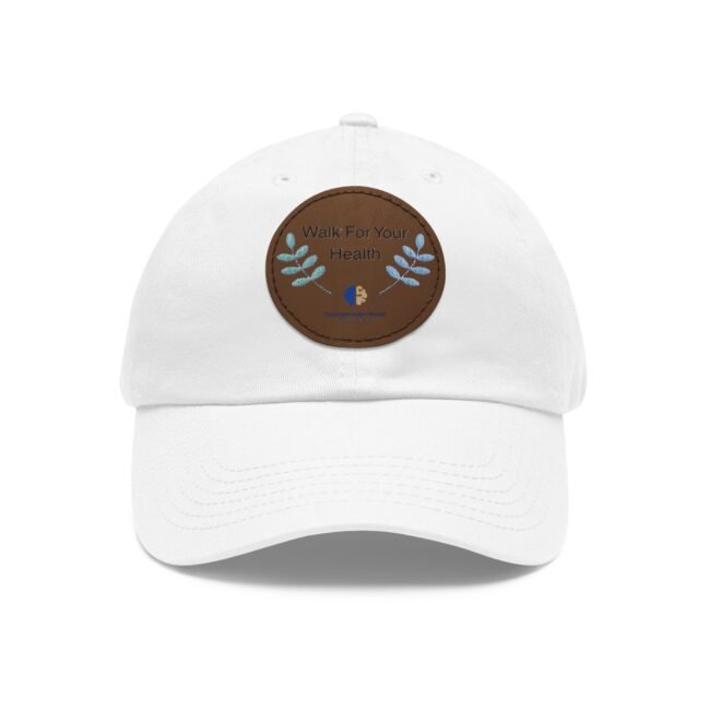 White baseball cap with a brown circular patch on the front reading 'Walk For Your Health'.