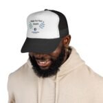 Beige front panel cap with black mesh back worn by a person, featuring the text 'Walk For Your Health' and a small leaf-and-brain logo on the front.