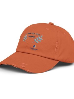 2932084770091534645_2048jpeg Orange baseball cap with blue-green leaf embroidery and the slogan 'Walk For Your Health' partially visible on the front panel.