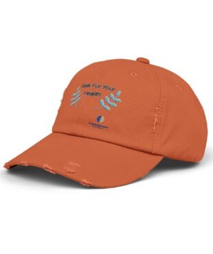 Orange baseball cap with blue-green leaf embroidery and the slogan 'Walk For Your Health' partially visible on the front panel.