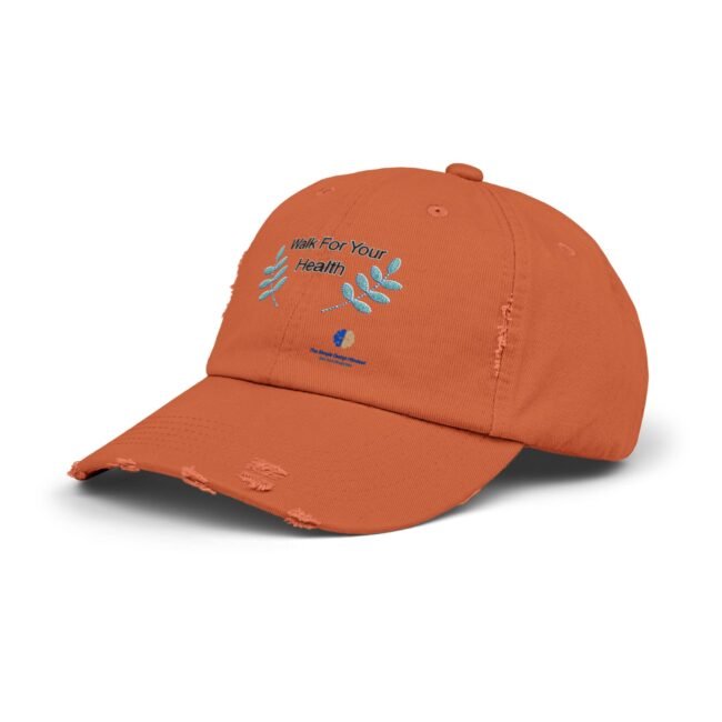 Orange baseball cap with blue-green leaf embroidery and the slogan 'Walk For Your Health' partially visible on the front panel.