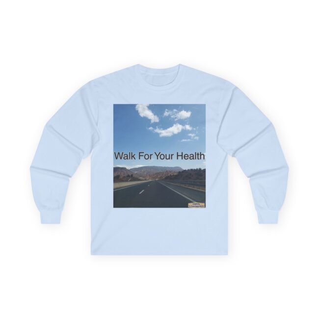 Light-blue T-shirt with a vertical poster showing a mountain road landscape and the caption 'Walk For Your Health'