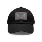 Black baseball cap with a gray patch that reads 'Walk For Your Health' and blue leafy graphics, close-up view.