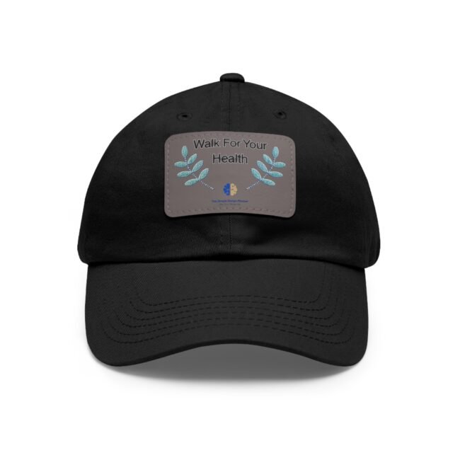 Black baseball cap with a gray patch that reads 'Walk For Your Health' and blue leafy graphics, close-up view.