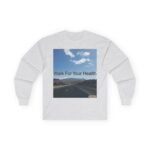 Gray sweatshirt featuring a poster with blue sky, clouds, and mountains, and the text 'Walk For Your Health'.