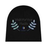 Circular black graphic with blue embroidered leaves and the text 'Walk For Your Health' (partial view)