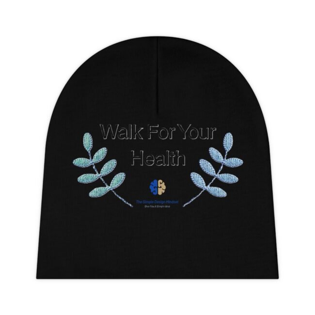 Circular black graphic with blue embroidered leaves and the text 'Walk For Your Health' (partial view)