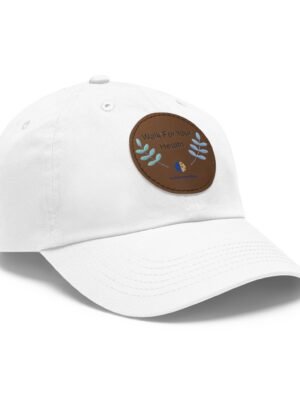 5367770088493555858_2048jpeg White cap with a brown circular patch reading 'Walk For Your Health' and blue leaf embroidery on the patch