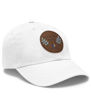 White cap with a brown circular patch reading 'Walk For Your Health' and blue leaf embroidery on the patch