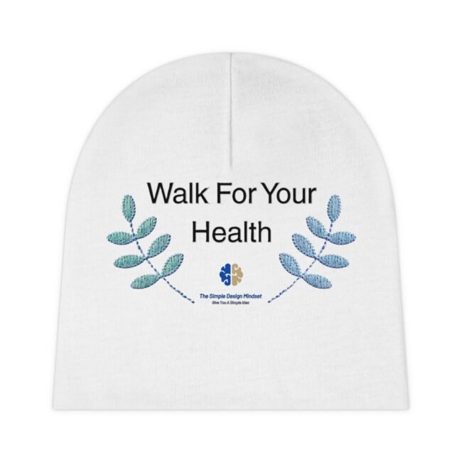 Circular white poster with the phrase 'Walk For Your Health' surrounded by blue leafy branches on a fabric texture backdrop