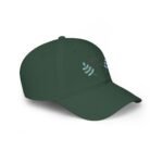 Close-up of a dark green baseball cap, showing embroidered text 'Walk For Your Health' and decorative leaves on the side.