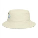 White bucket hat with blue botanical embroidery along the side.